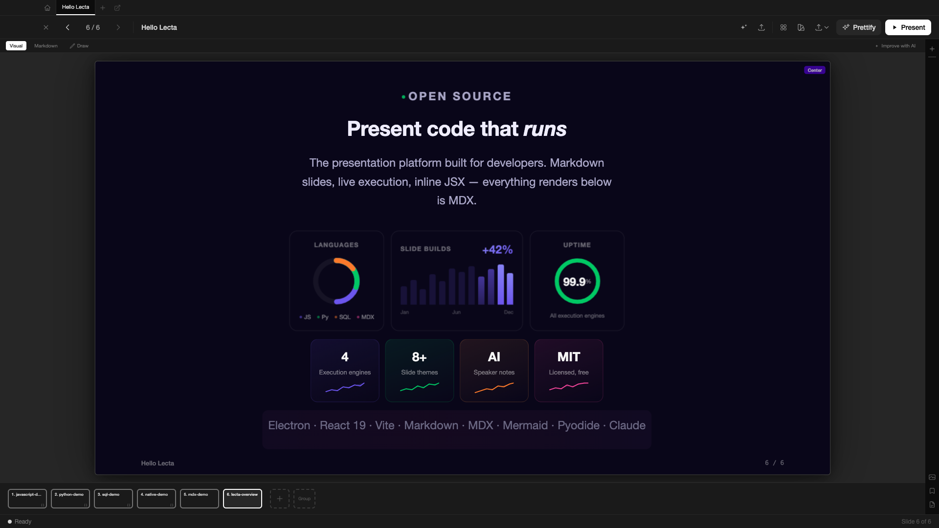 Lecta main panel showing a visually rich slide made with MDX.